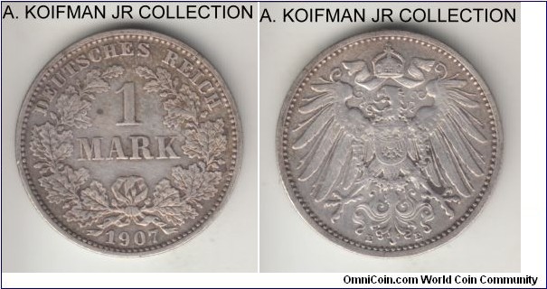 KM-14, 1907 Germany (Empire) mark, Muldenhutten mint (E mint mark); silver, reeded edge; Wilhelm II, very fine details, cleaned.