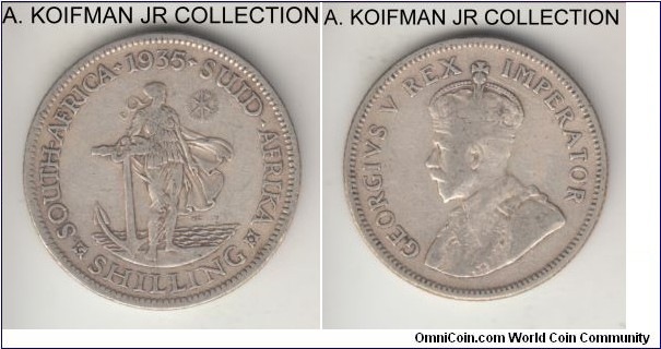 KM-17.3, 1934 South Africa shilling; silver, reeded edge; George V last type, fine or about, cleaned.