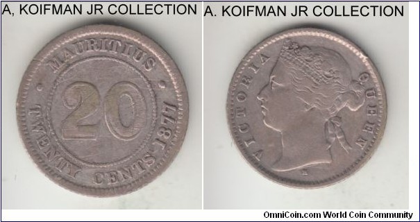 KM-11, 1877 Mauritius 20 cents, Heaton mint (H mint mark); silver, reeded edge; Victoria, first year of sterling coinage for the island, average fine or almost, cleaned and few minor issues.