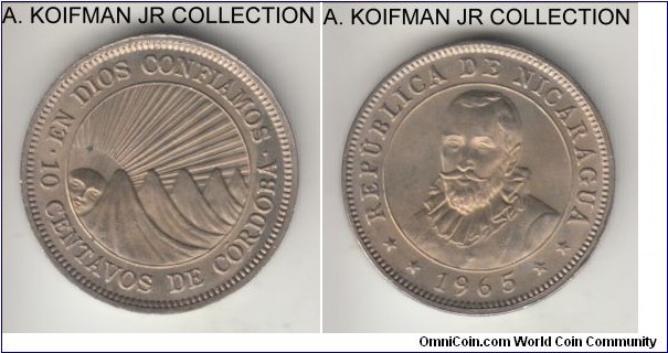 KM-17.2, 1965 Nicaragua 10 centavos; copper-nickel, BCN lettered edge; nice choice uncirculated.