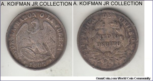 KM-137.3, 1887 Chile 1/2 decimo; silver, reeded edge; toned very fine or almost.