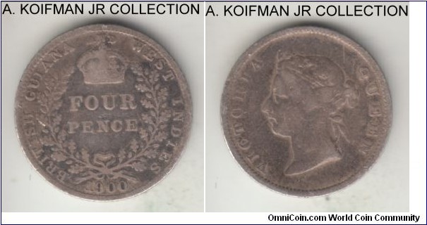 KM-26, 1901 British Guiana and West Indies 4 pence; silver, reeded edge; Victoria, smallest mintage of 45,000, almost fine, looks like impact by the crown on obverse.