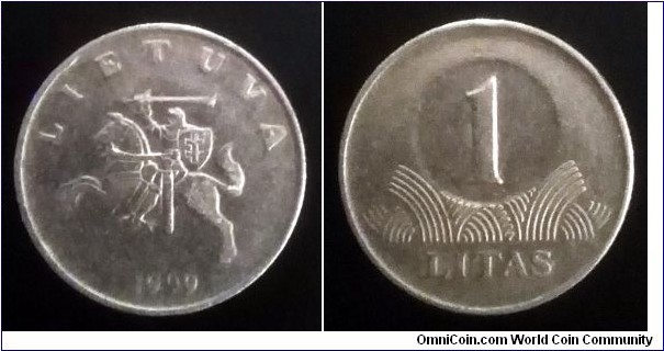 Lithuania 1 litas. 1999, Partially weak strike or filled die  on obverse.