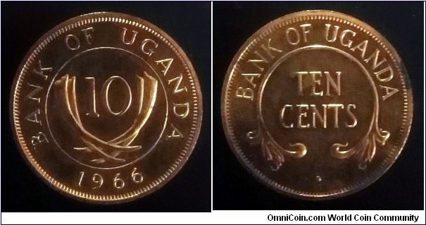 Uganda 10 cents. 1966, Proof.