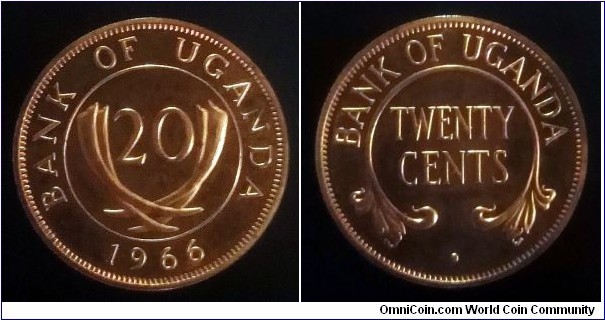 Uganda 20 cents. 1966, Proof.