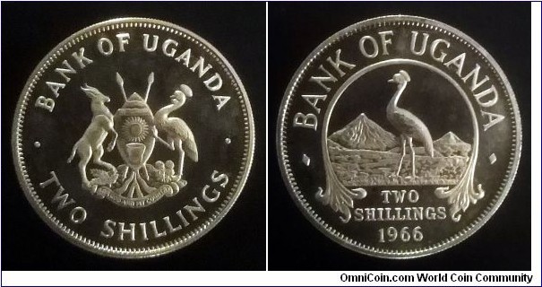 Uganda 2 shillings. 1966, Proof.