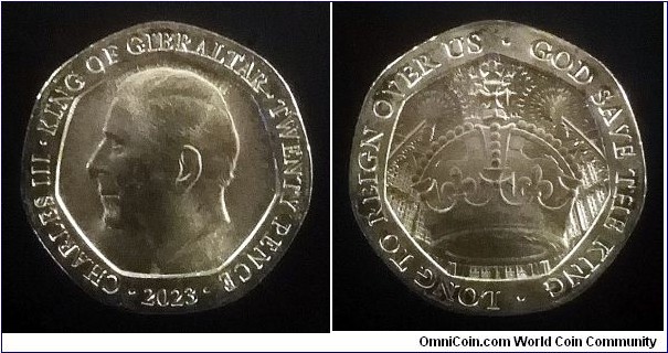 Gibraltar 20 pence. 2023, Coronation of King Charles III.