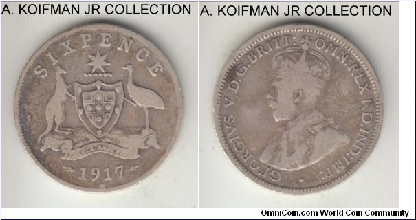 KM-25, 1917 Australia 6 pence, Melbourne mint (M mint mark); silver, reeded edge; George V, well circulated, very good or almost.