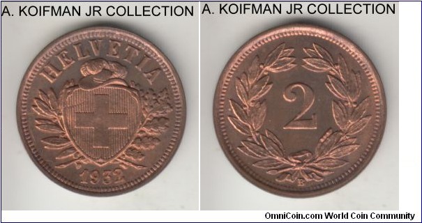 KM-4.2a, 1932 Switzerland 2 rappen, Bern mint (B mint mark); bronze, plain edge; nice almost fully red uncirculated.