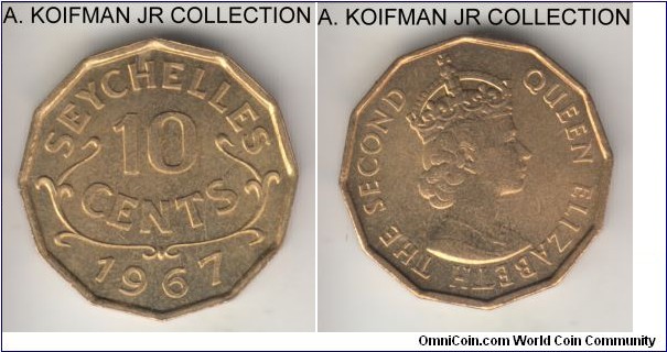 KM-10, 1967 Seychelles 10 cents; nickel-brass, plain edge, 12-sided; Elizabeth II, smallest mintage of the type with 20,000 struck, uncirculated, enhanced with rich toning.