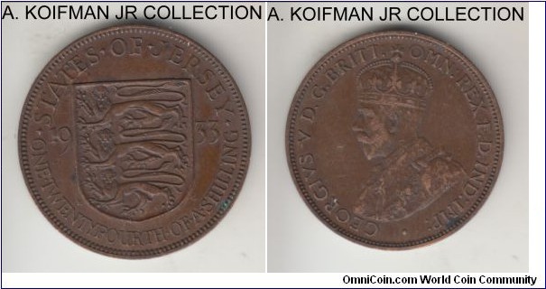 KM-15, 1933 Jersey 1/24'th of a shilling; bronze, plain edge; George V, 3-year type with smaller mintage of 72,000, average very fine or so.