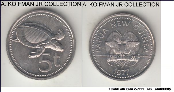 KM-3, 1977 Papua New Guinea 5 toea, Franklin mint (USA); copper-nickel, reeded edge; pig-nosed turtle or reverse, none struck for circulation that year, looks to be matte finish (mintage 17,000) rather than special uncirculated (mintage 603), uncirculated or almost.