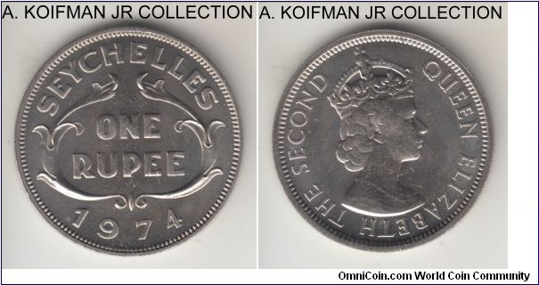 KM-13, 1974 Seychelles rupee; copper-nickel, plain edge; ELizabeth II coinage, average uncirculated, few bag marks as common for the larger coin.