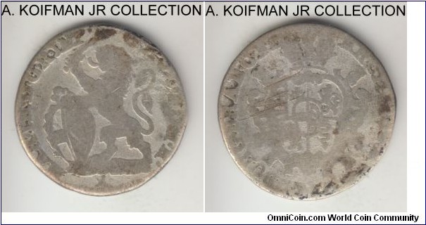 KM-4, 1750 Austrian Netherlands escalin, Bruges mint (lion mint mark); silver, dotted edge; Maria Theresia, 2-year type, worn but identifiable, no date but bruges only struck this type in 1750.