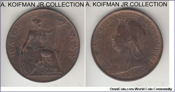 KM-789, 1900 Great Britain half penny; bronze, plain edge; Victoria, last type, borderline uncirculated mostly brown.