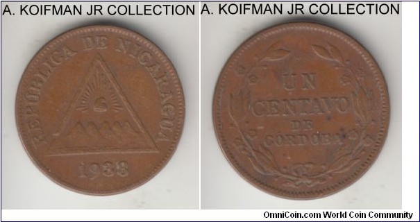 KM-11, 1938 Nicaragua centavo, Philadelphia mint (US); bronze, plain edge; very fine to good very fine.