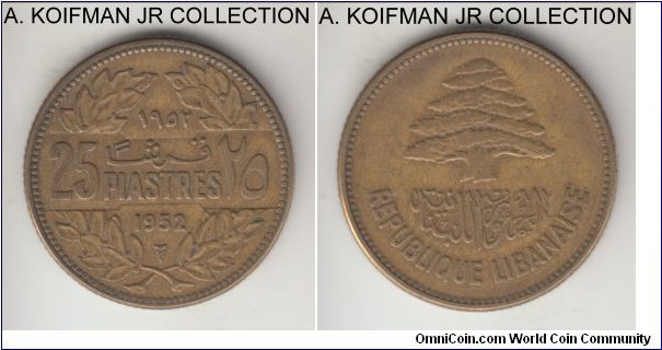 KM-16.1, 1952 Lebanon 25 piastres, Utrecht (Netherlands) mint; aluminum-bronze, reeded edge; 2-year type, good very fine.