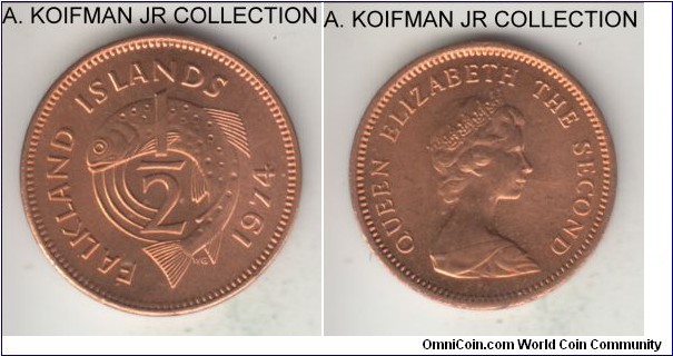 KM-1, 1974 Falkland Islands 1/2 penny; bronze, plain edge; Elizabeth II, first year of the issue for possession and the type, red uncirculated.