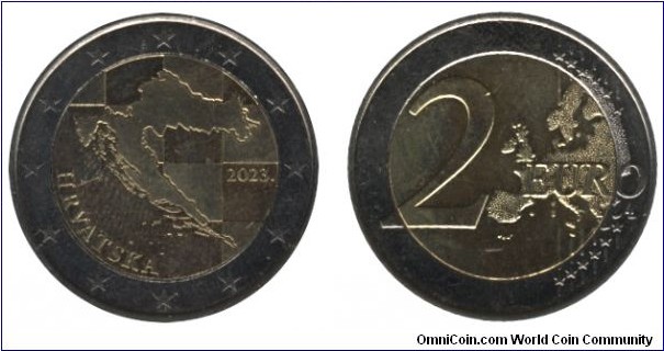 Croatia, 2 euros, 2023, Cu-Ni-Ni-Brass, 8.5g, 25.75mm, Map of Croatia.