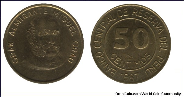 Peru, 50 centimos, 1987, Brass, 5.2g, 23mm, Gran Almirante Miguel Grau.