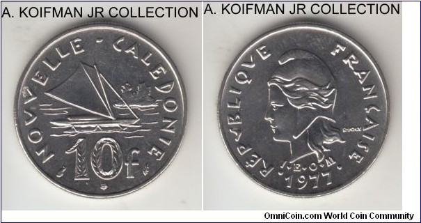 KM-11, 1977 New Caledonia 10 francs, Paris mint; nickel, reeeded edge; French overseas pacific territory, bright uncirculated.