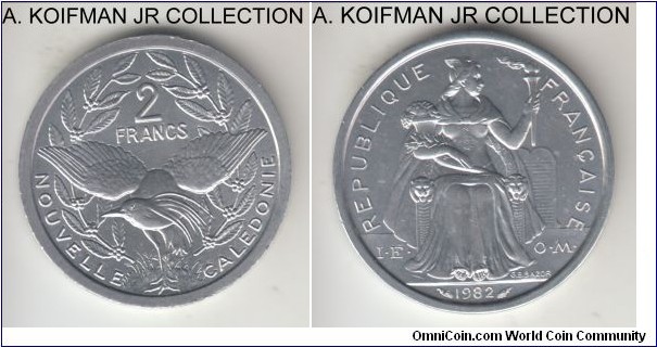 KM-14, 1982 New Caledonia 2 francs, Paris mint; aluminum, plain edge; French overseas Pacific Ocean territory, bright uncirculated.