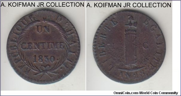 KM-A21, 1830//AN 28 Haiti centime; copper, plain edge; scarcer year, very fine ibverse and fine or so reverse for this crudely struck type.