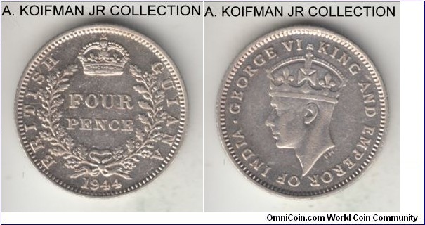 KM-30a, 1944 British Guiana 4 pence; silver, reeded edge; George VI, last type and mintage of 90,000, extra fine, obverse may have been cleaned.