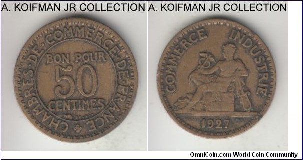 KM-884, 1927 France 50 centimes; aluminum-bronze, plain edge; Chamber of Commerce issue, average fine or so.