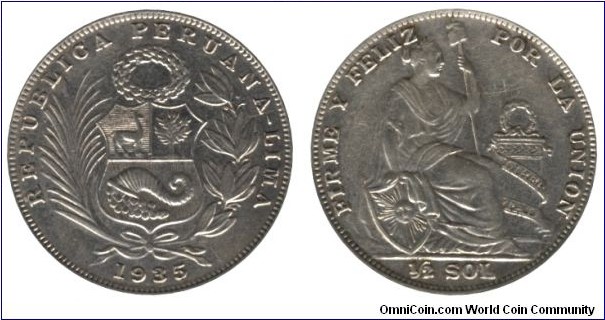 Peru, 1/2 sol, 1935, Ag, 12.5g, 30mm, Firme y Feliz por la Union, 50% silver.