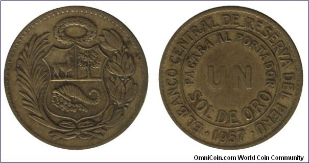 Peru, 1 sol, 1957, Brass, 13.8g, 33mm, Coat of Arms.