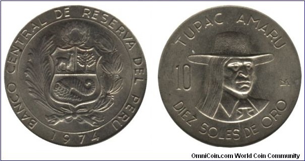 Peru, 10 soles de oro, Cu-Ni, 11.7g, 30.94mm, Tupac Amaru, Coat of Arms.