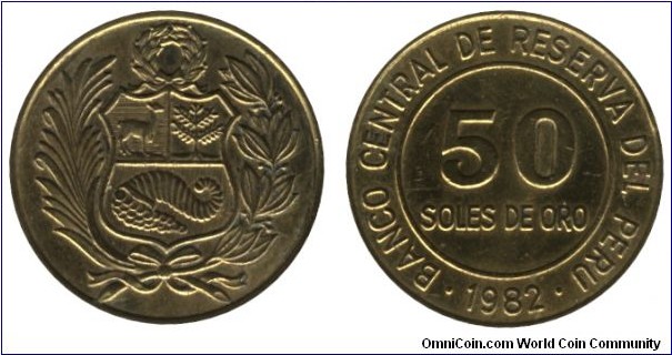 Peru, 50 soles de oro, 1982, Al-Bronze, 9g, Coat of Arms.