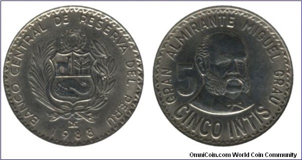 Peru, 5 inti, 1988, Cu-Ni, 8.2g, 27mm, Gran Almirante Miguel Grau, Coat of Arms.