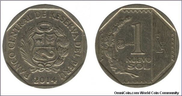 Peru, 1 nuevo sol, 2014, Cu-Ni-Zn, 7.32g, 25.5mm, Coat of Arms.