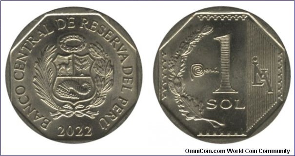 Peru, 1 sol, 2022, Cu-Ni-Zn, Coat of Arms.