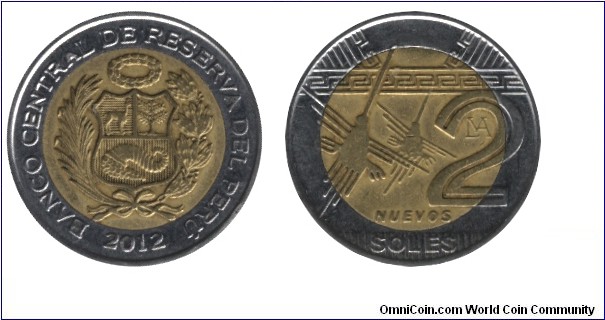 Peru, 2 nuevos soles, 2012, Brass-Steel, bi-metallic, 5.62g, 22.38mm, Hummingbird from the Nasca Lines, Coat of Arms.