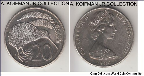 KM-36, 1980 New Zealand 20 cents; copper-nickel, reeded edge; Elizabeth II, kiwi bird, oval 0 in date - circulation issue, colorfully toned uncirculated.