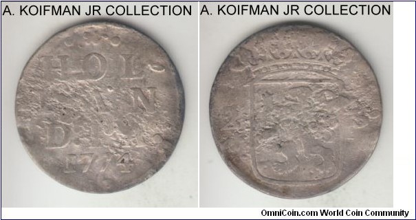 KM-48, 1774 Netherlands Holland 2 stuivers; silver, plain edge; Dutch Republic province, looks like some sea-salt corrosion.