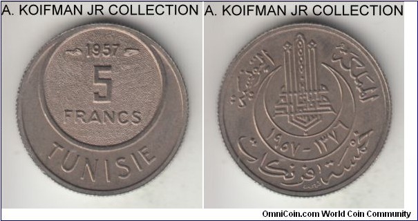 KM-277, AH1376 - 1957 Tunisia 5 francs, Paris mint; copper-nickel, reeded edge; Muhammad VIII, 2 year type, bright uncirculated.