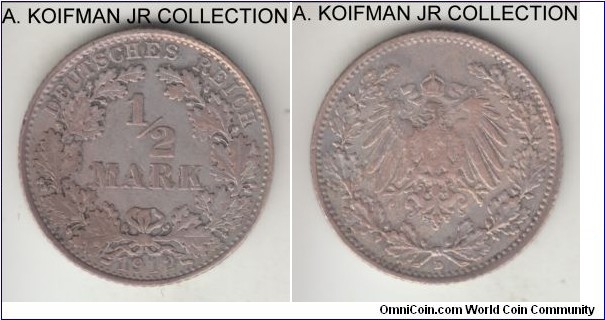 KM-17, 1912 Germany (Empire) 1/2 mark, Munchen mint (D mint mark); silver, reeded edge; Wilhelm II, smaller mintage, looks to be the variety with 1912/5 overdate, good very fine or so, light overall toning.