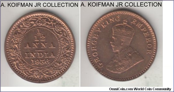 KM-509, 1936 British India 1/12 anna, Calcutta mint; bronze, plain edge; George V, red brown uncirculated.