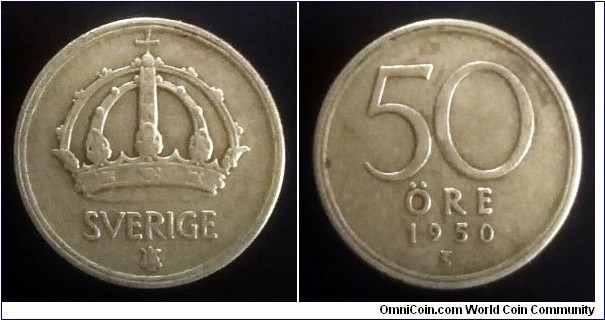 Sweden 50 ore. 1950, Ag 400 (II)