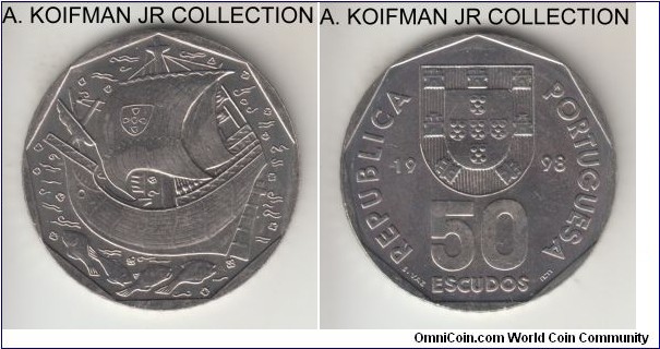 KM-636, 1998 Portugal 50 escudos; copper-nickel, reeded edge; late pre-euro circulation issue with boat under sail, uncirculated.