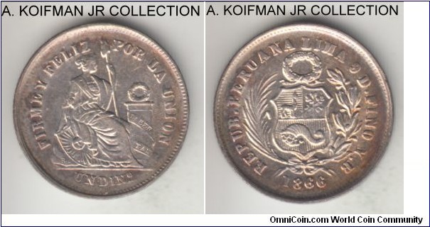 KM-190, 1866 Peru dinero; silver, reeded edge; most common year, good details, may have been cleaned.