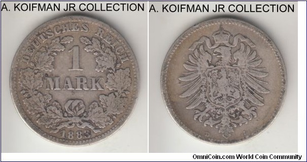 KM-7, 1883 Germany (Empire) mark, Munchen mint (D mint mark); silver, reeded edge; Wilhelm I, small mintage year, decent fine.