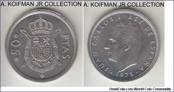 KM-809, 1975(78) Spain 50 pesetas; copper-nickel, raised lettered edge ** UNA ** GRANDE ** LIBRE; Juan Carlos I, borderline uncirculated.