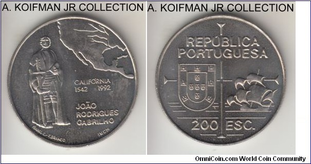 KM-661, 1992 Portugal 200 escudo; copper-nickel, reeded edge; 1-year type celebrating discovery of California from Portuguese Discoveried series, bright uncirculated.