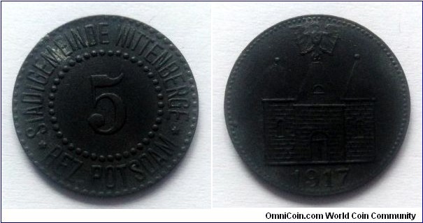 City of Wittenberge - Notgeld 5 pfennig. Zinc.