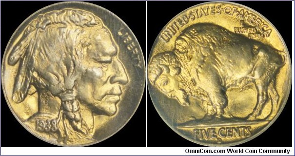 ANACS MS65 1938-D buffalo nickel. Gold toned. Old soapbox holder